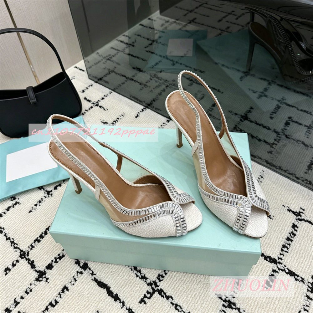 Kids Shoes Women - รองเท้าส้นสูงหนังแท้หรูหราสำหรับผู้หญิง ประดับด้วยงานถักและคริสตัล ปลายเปิด ส้นเข็ม ดีไซน์สวยงาม เหมาะสำหรับงานแต่งงาน