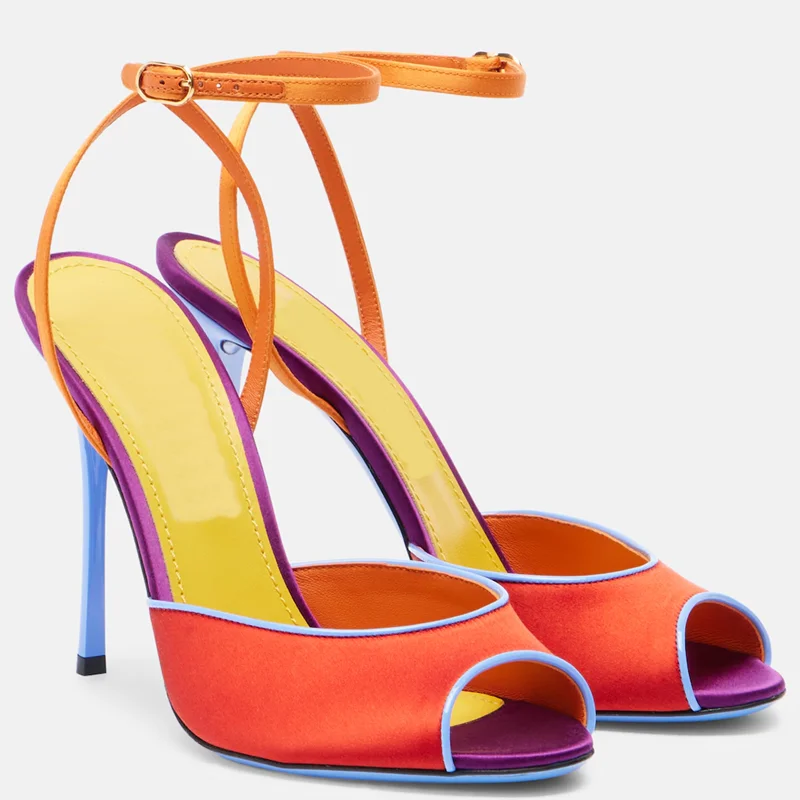 Women'S Shoes Quality - รองเท้าส้นสูงแบบเปิดนิ้วเท้า สีผสมผสาน ผ้าซาติน ดีไซน์เซ็กซี่ หัวมน ส้นบาง