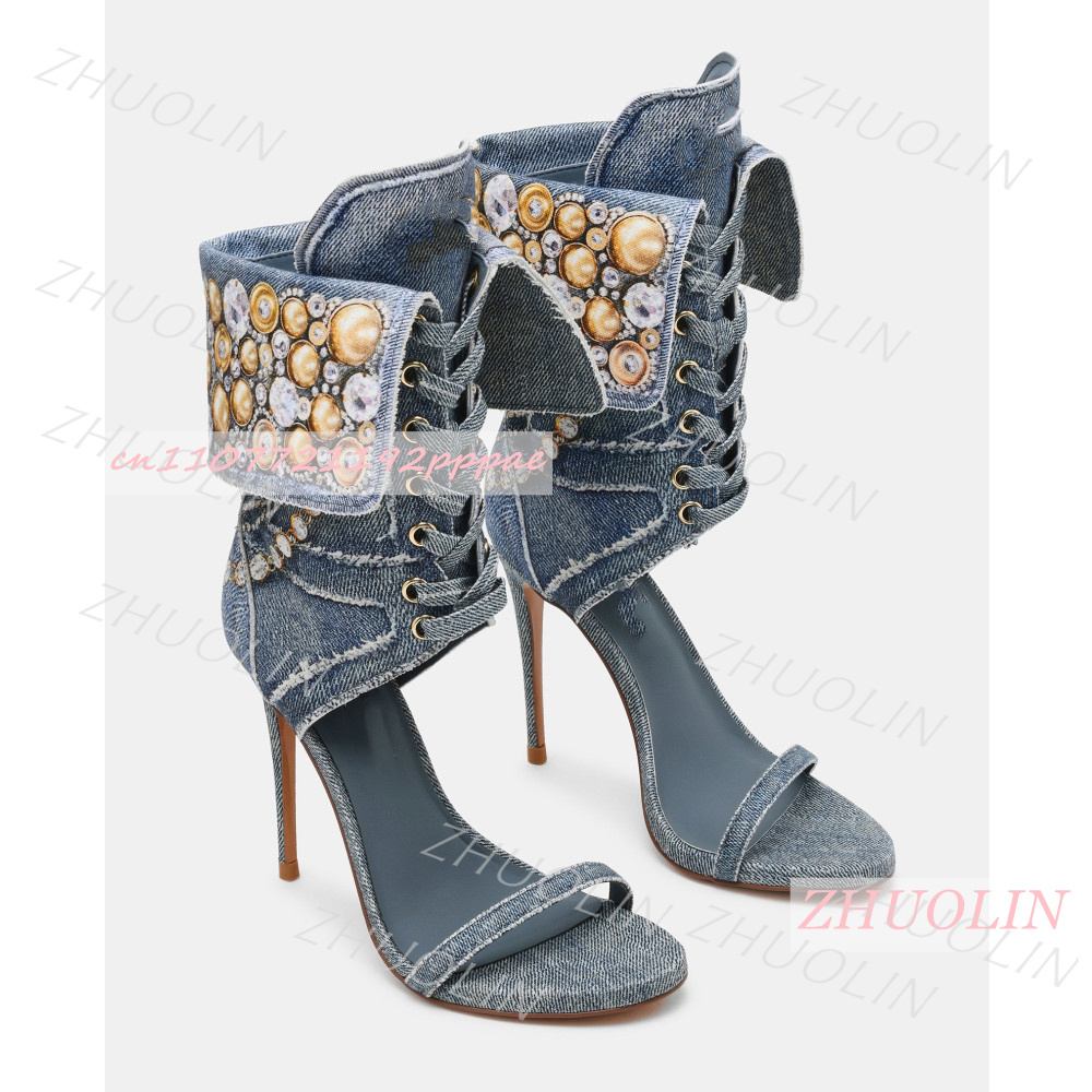 Kids Shoes Women - รองเท้าส้นสูงสตรีสีน้ำเงินเดนิมประดับเพชรเทียม แบบผูกเชือกข้อเท้า ส้นเข็ม เปิดหัวเท้า สำหรับงานปาร์ตี้ แฟชั่นทันสมัย