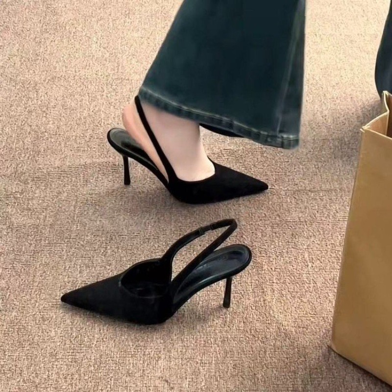 Leopard Print Heels - รองเท้าส้นสูงแบบเปิดส้นลายเสือดาวหัวแหลมสไตล์ฝรั่งเศสสำหรับผู้หญิง ฤดูใบไม้ผลิและฤดูร้อน รองเท้าส้นเข็มหนังกลับแบบเปิดส้น
