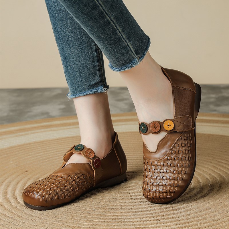 Women'S Shoes Hands Free - รองเท้าหนังแท้สำหรับผู้หญิง แบบแมรี่เจน ทอมือ ลายฉลุ รองเท้าสไตล์เรโทรสำหรับผู้หญิง รองเท้าลำลองวินเทจสำหรับผู้หญิง