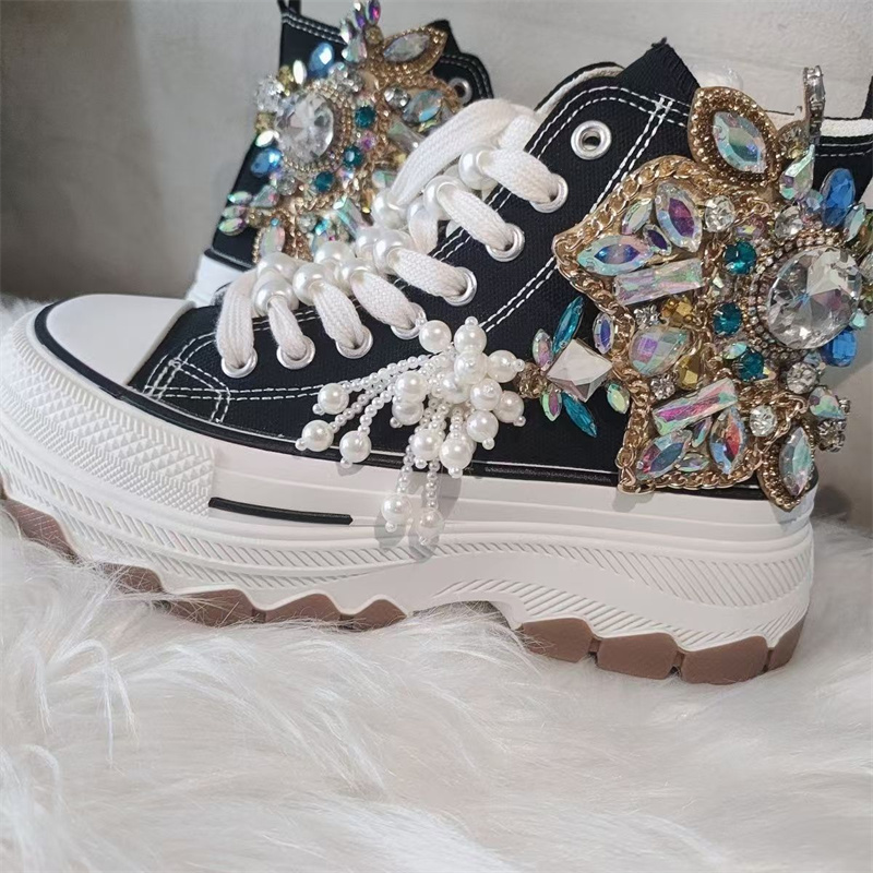 Women'S Shoes Hands Free - หนาด้านบนตอกลูกปัด rhinestone ฝอยอัญมณีผ้าใบรองเท้าที่กําหนดเองสีดํา LACE-up ผู้หญิงรองเท้าผ้าใบลําลอง 35-40