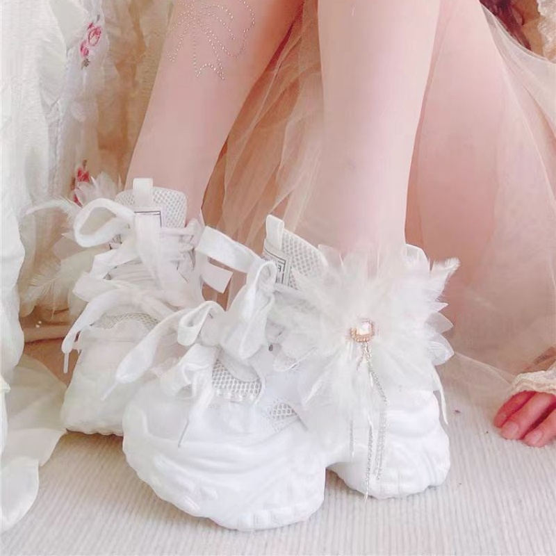 Women'S Shoes Hands Free - ดอกไม้สีขาวลูกไม้ rhinestone พู่เพิร์ลรองเท้าผู้หญิงมือที่กําหนดเอง low-top lace-up Casual