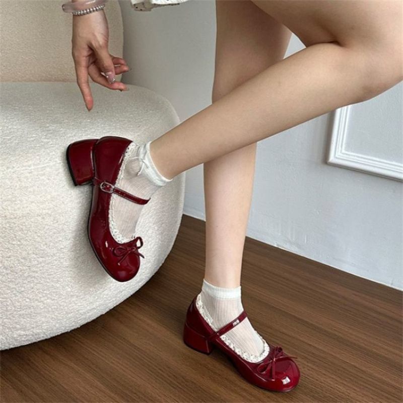 Women'S Shoes Burgundy - รองเท้าบัลเล่ต์แมรี่เจนผู้หญิงระดับไฮเอนด์ ฤดูใบไม้ผลิ/ฤดูใบไม้ร่วง ปี 2026 - รองเท้าลำลองดีไซน์โบว์สีเบอร์กันดี