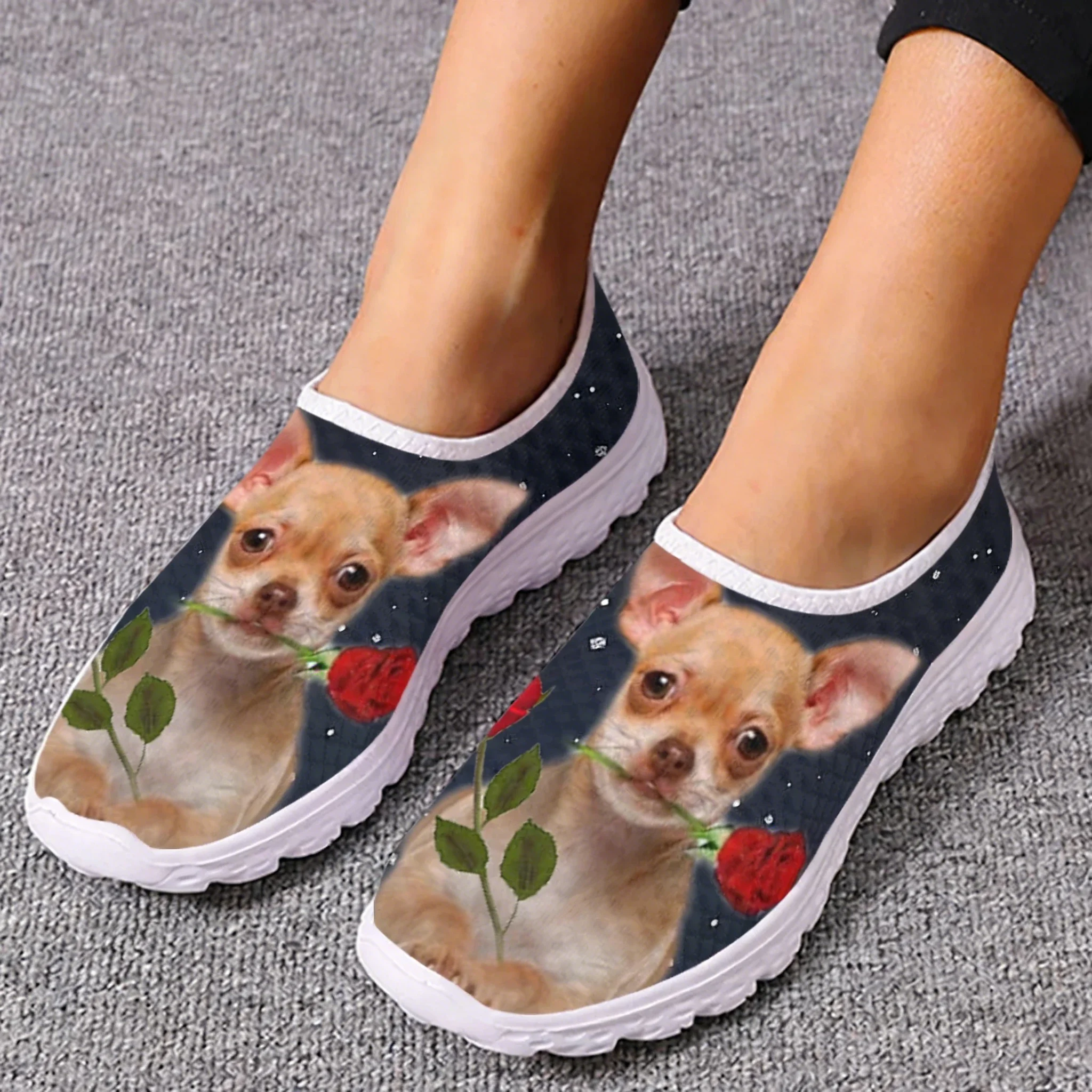 Women Shoes Tennis - ชิวาวา โรสดีไซน์ลายดอกไม้ตาข่ายคุณภาพสูงรองเท้าผ้าใบผู้หญิงผู้ชายวัยรุ่นแฟชั่นสบายๆสั่งทำพิเศษรองเท้าเทนนิสแบนคู่รองเท้า