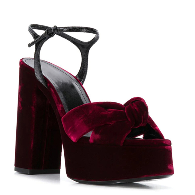 Women'S Shoes Burgundy - รองเท้าส้นตึกแบบเปิดนิ้วเท้าสีเบอร์กันดีกำมะหยี่ ความสูง 14 ซม. สายรัดข้อเท้า ลายทาง