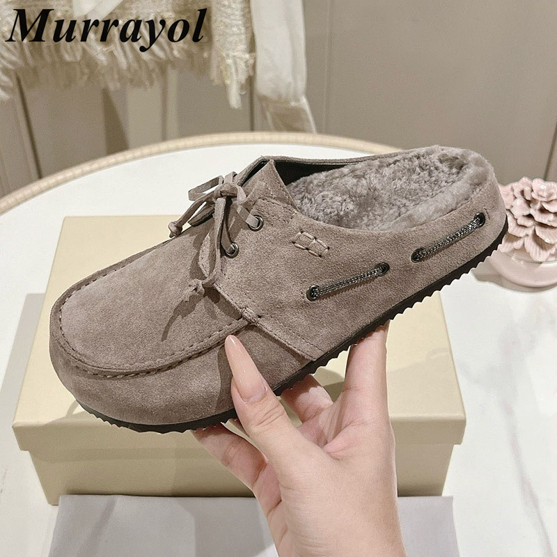 Kids Shoes Women - รองเท้าแตะส้นแบนหนาแบบสวมสำหรับผู้หญิง หนังวัวกลับ ปิดหัวเท้า ผูกไขว้ รองเท้าแตะครึ่งเท้า สำหรับฤดูใบไม้ร่วง
