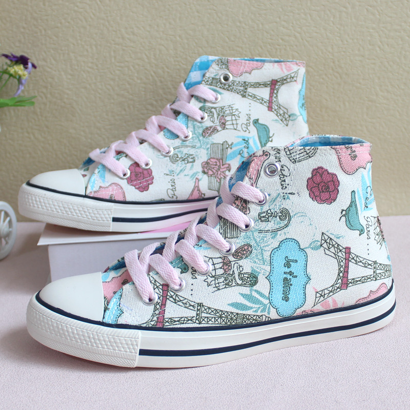 Women'S Shoes Hands Free - รองเท้าผ้าใบหุ้มข้อสูงลายการ์ตูนเพ้นท์มือแบบใหม่ รองเท้าบอร์ดผู้หญิง ดีไซน์เรียบง่าย แฟชั่นลำลอง เหมาะสำหรับนักเรียนนักศึกษา