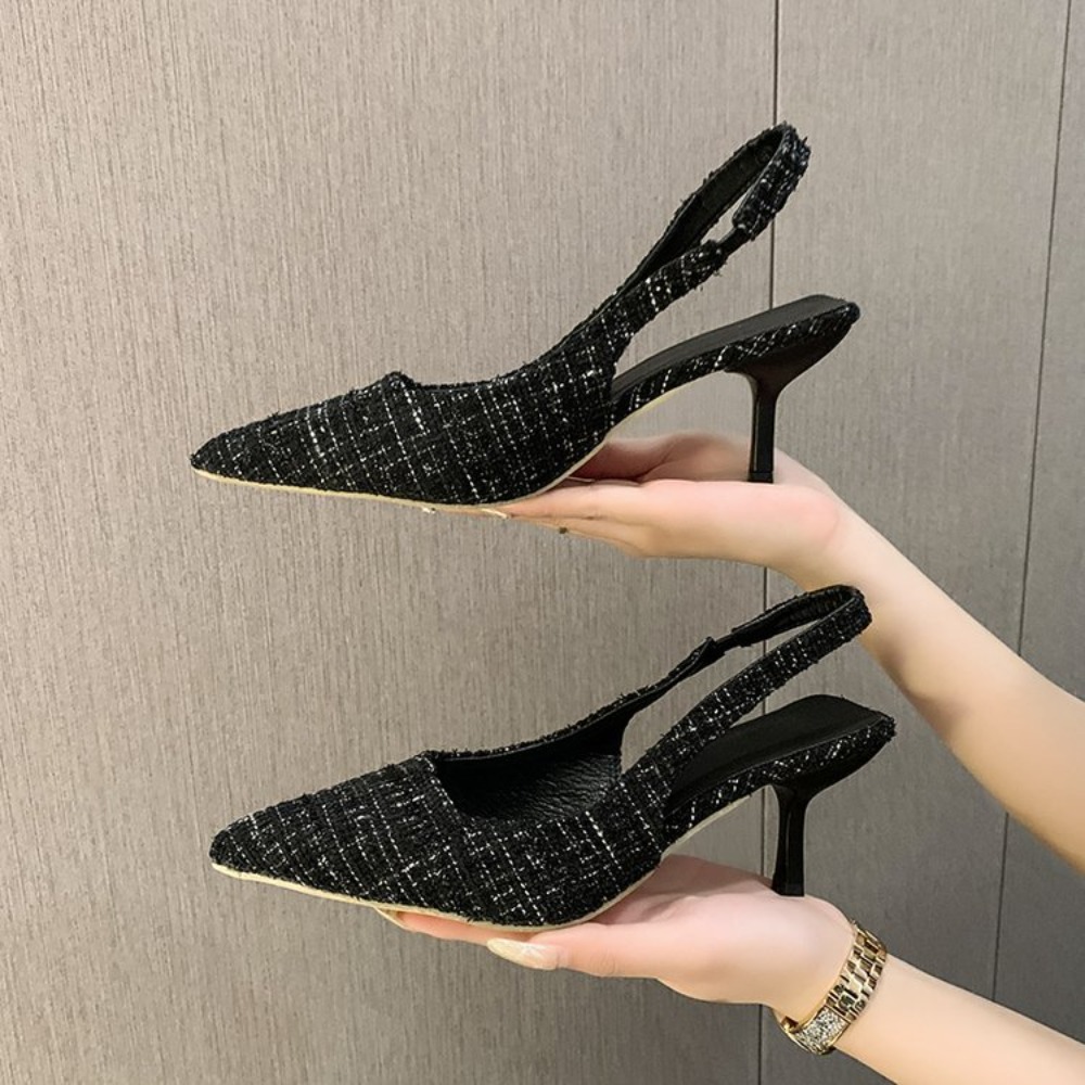 Women'S Shoes Quality - รองเท้าส้นสูงสไตล์สตรีสำหรับออฟฟิศ ดีไซน์หรูหรา ส้นเข็ม ปลายแหลม เปิดหลัง ลายตารางสีฟ้าอ่อน