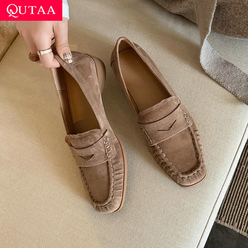 Kids Shoes Women - รองเท้าแฟชั่นผู้หญิง QUTAA 2026 รองเท้าส้นเตี้ยแบบสวม หนังกลับ รองเท้าโลฟเฟอร์ผู้หญิง