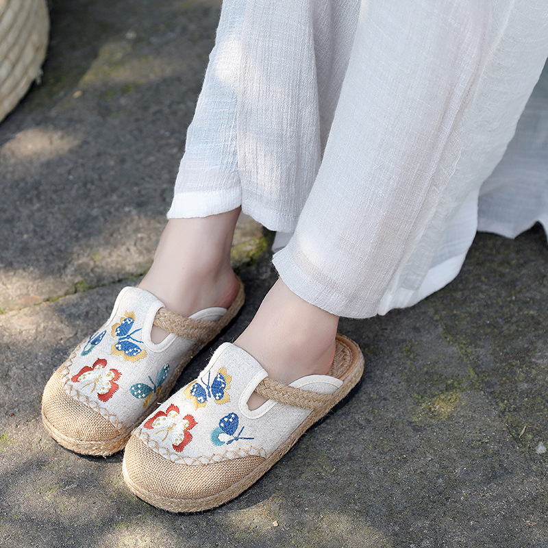 Women'S Shoes Vegan - 2025 ผู้หญิงสบายๆผ้าลินินเย็บปักถักร้อยทําด้วยมือแบนรองเท้าแตะ Retro มังสวิรัติฤดูร้อนสุภาพสตรีผ้าใบสบาย Espadrille รองเท้า