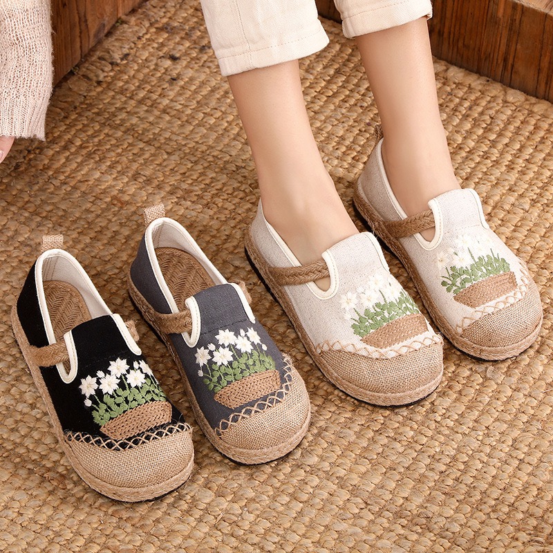 Women'S Shoes Vegan - Veowalk ดอกไม้ปักผู้หญิง Handmade ผ้าลินินผ้าใบ Slip-On Loafers