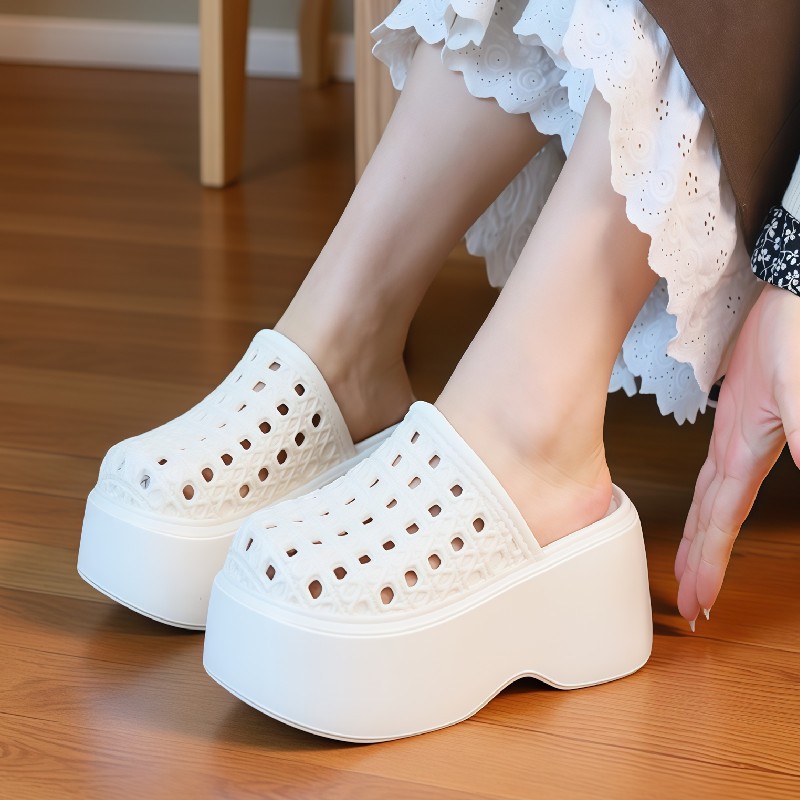 รองเท้าแตะส้นหนา 7 ซม. แบบมีรู - Women Shoes Mules บทวิจารณ์และราคา