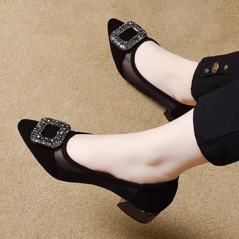 รองเท้าส้นบล็อกหัวแหลมแบบตาข่า - Women Shoes Model บทวิจารณ์และราคา